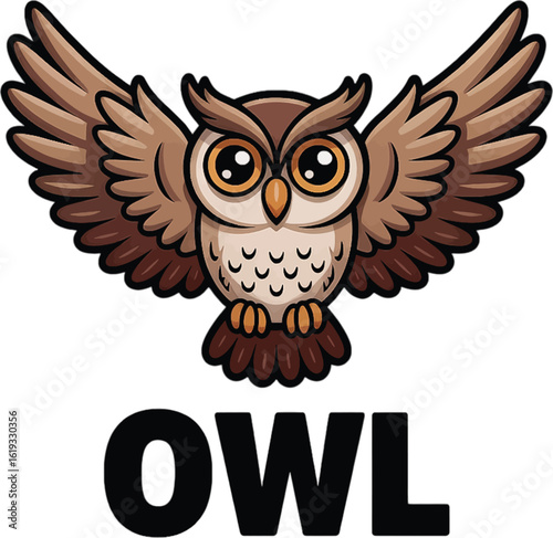 Cartoon brown owl with wide wings spread open bird illustration
