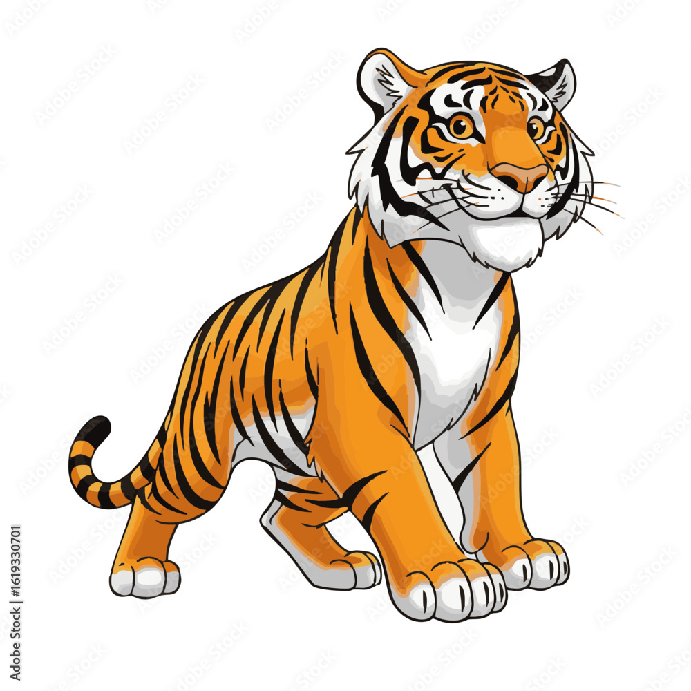 Fototapeta premium Friendly cartoon tiger character mascot illustration. Strong wild cat predator in a cute graphic style, isolated on white background.