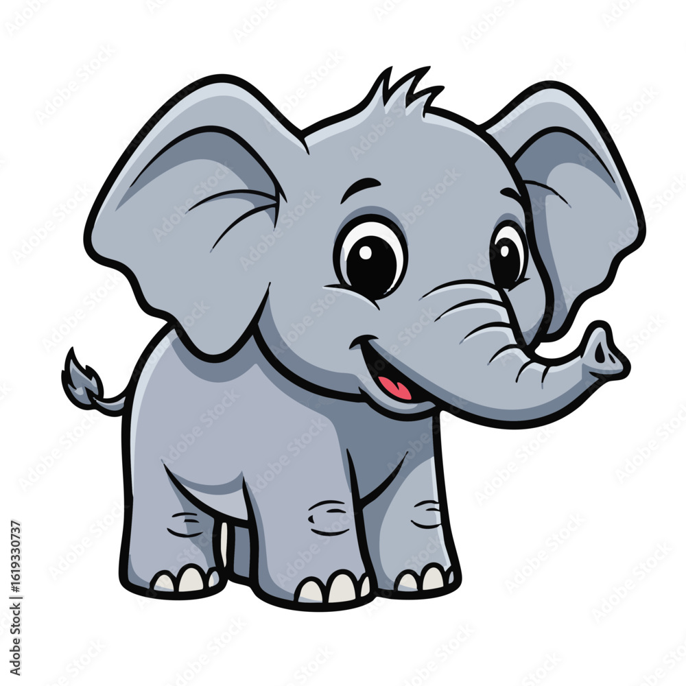 Obraz premium Adorable baby elephant cartoon illustration. A cheerful and cute jungle animal character standing with a happy smile.