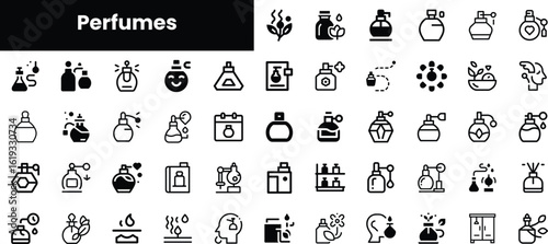 A diverse collection of perfume icons, showcasing various bottle designs, fragrance elements, and aromatic symbols in a minimalist black and white style.