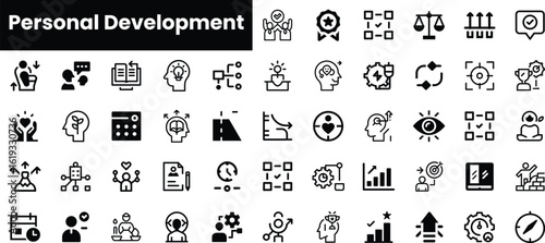 A diverse collection of personal development icons showcasing growth, learning, and achievement, creating a visually appealing representation of self-improvement themes.