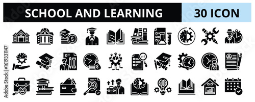 30 School and Learning Glyph Icons Vector - student, scholarship, library, graduate, cognitive, research, academic, education