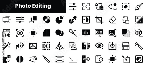 A collection of photo editing icons, featuring various tools and functions represented in minimalist black and white design for creative professionals.