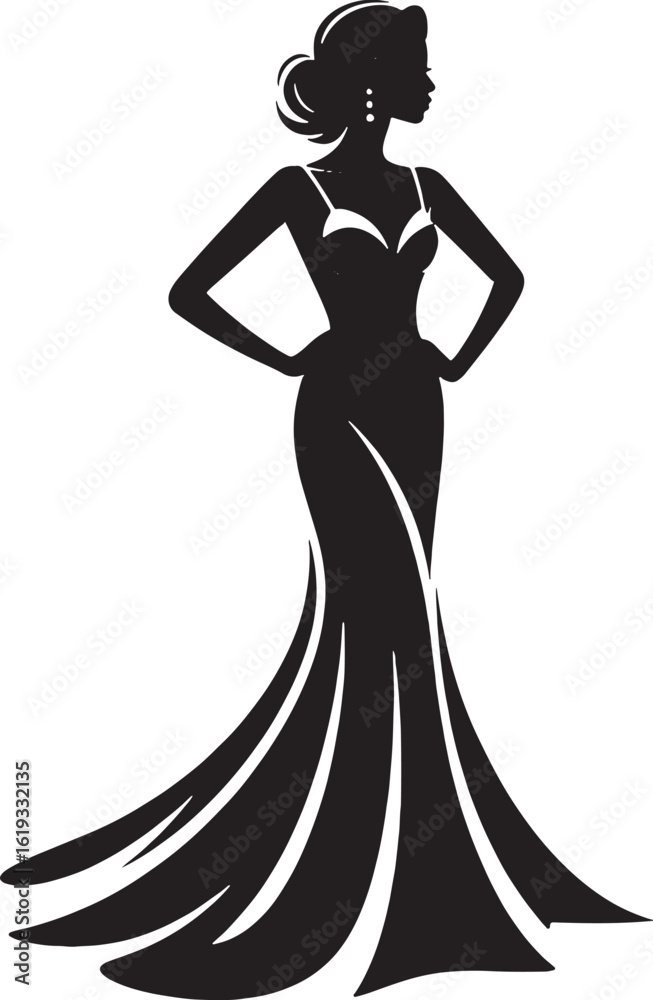 Fototapeta premium Elegant woman in formal gown with hair styled and earrings silhouette long dress