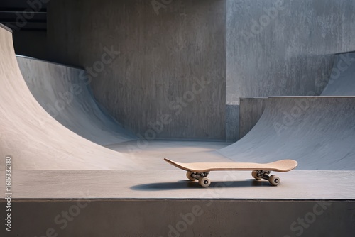 Skateboarding deck is on the concrete floor, walls in the background for a skate park