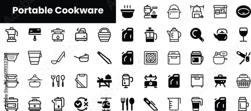 A collection of portable cookware icons showcasing various kitchen utensils and appliances, designed in a minimalistic black and white style for easy recognition.