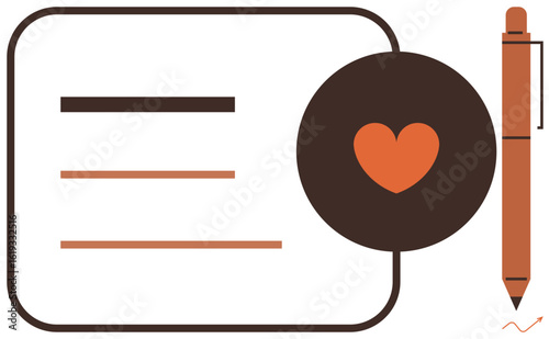 Heart symbol next to text blocks and pen in a minimalist design. Ideal for creativity, writing, romance, education, self-expression, communication, journalism, and a simple flat metaphor
