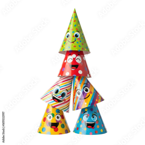 Six vibrant party hats with cheerful cartoon faces are playfully stacked in a pyramid. Ideal for illustrating festive events, birthdays, and joyful celebrations.