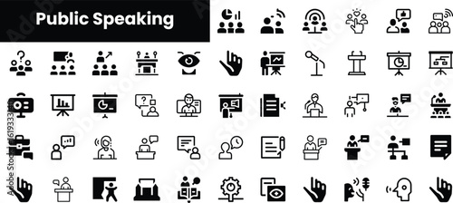 A diverse collection of public speaking icons, featuring individuals and groups engaging in various communication activities, showcasing confidence and interaction.