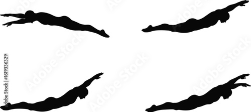 Cad drawing flat vector illustration, diver silhouette in motion, swimming pose collection, dynamic sports graphic, athletic underwater movement art