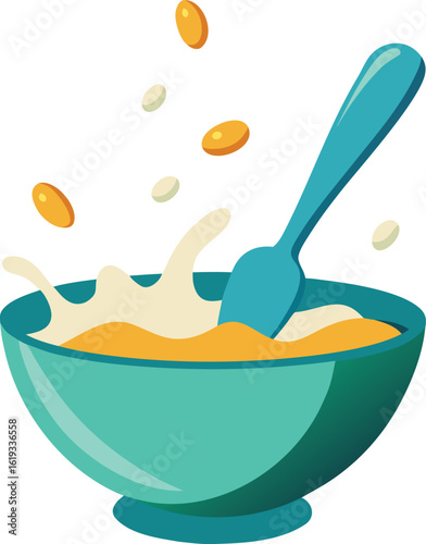 bowl of cereal with milk splash and spoon on transparent background