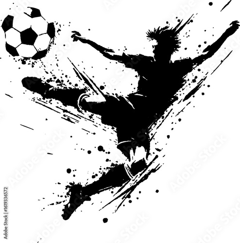  Stylized black-and-white artwork depicting a soccer player mid-strike, emphasizing speed and agility. The dynamic motion and fine details celebrate the sport of soccer