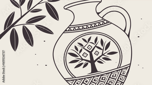 An ancient greek vase with olive branch isolated on white background, showcasing traditional pottery art with a vintage and retro style, perfect for illustrating culture and history