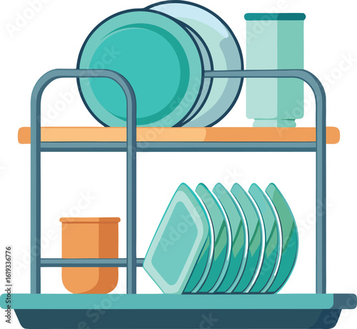 dish drying rack with clean plates on transparent background