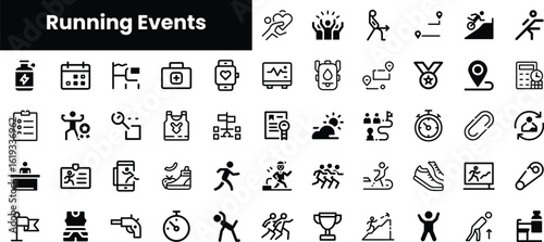 A collection of minimalist icons representing various running events, showcasing enthusiasm and athleticism with symbols for races, timers, and health.