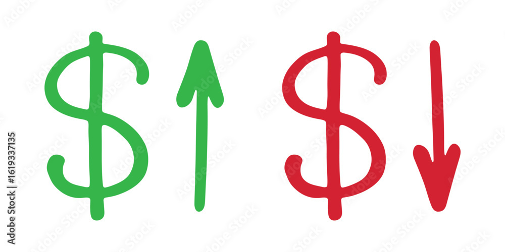 Obraz premium Hand drawn dollar currency symbol Growth and fall profit with arrow up and down Brush stroke doodle Element for design