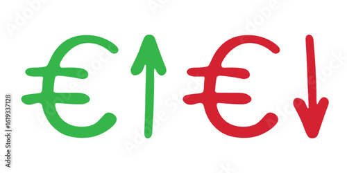 Hand drawn euro currency symbol Growth and fall profit with arrow up and down Brush stroke doodle Element for design