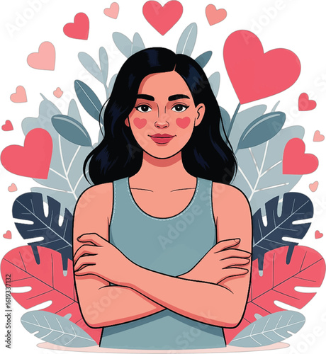 Woman with dark hair and pink cheeks surrounded by hearts and foliage vector