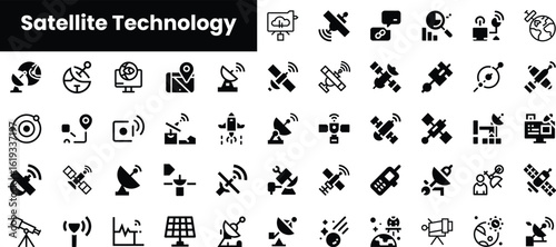 A collection of monochromatic icons representing various aspects of satellite technology, including communication, navigation, and observation tools.