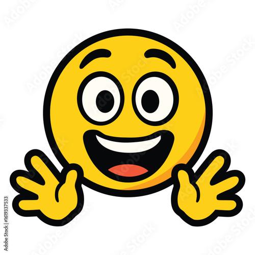 A cartoon icon of a yellow emoji face with wide open eyes and mouth, and two hands raised as if waving or expressing excitement.