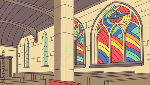 Cartoon illustration of a church interior with stained glass windows, depicting religious architecture, faith, and historical design