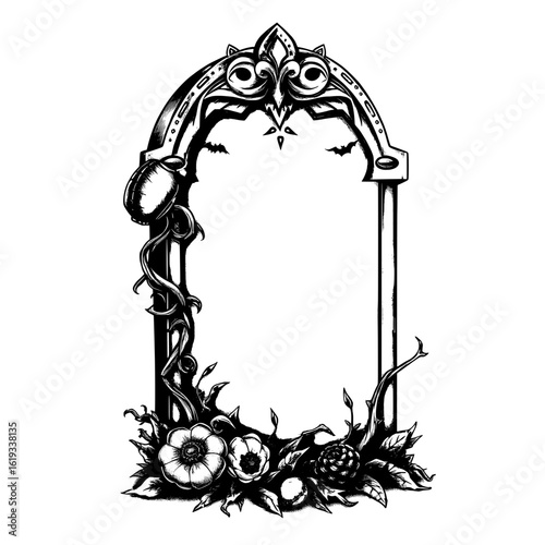 gothic archway with floral elements, bats, and decorative details in black and white