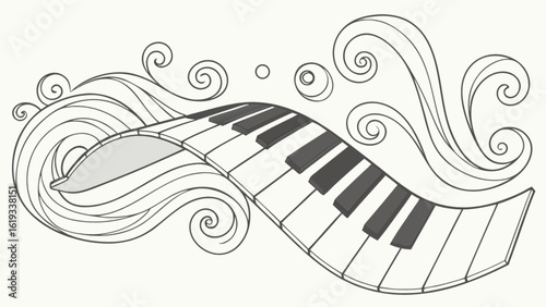 A whimsical illustration of a piano keyboard with flowing musical waves, creating a harmonious and artistic design isolated on white background, perfect for musicthemed projects and creative designs
