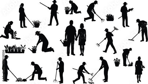Cad drawing flat vector illustration, silhouette of gardeners doing tasks, raking leaves, watering flowers, planting greens, outdoor garden activity scene