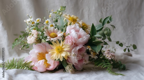 A whimsical arrangement of pastel pink peonies, pale yellow daisies, and sprigs of wildflowers, wrapped in soft greenery.