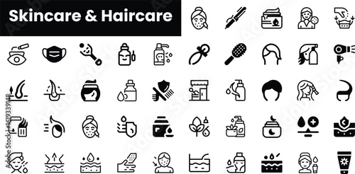 A collection of black and white icons representing skincare and haircare routines, including products, tools, and various beauty activities.