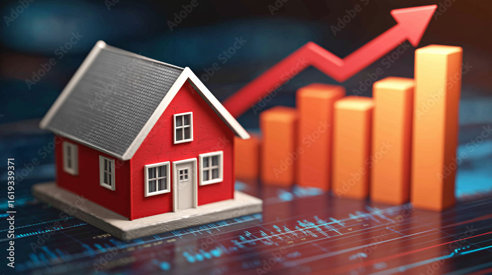 Model Home beside 3D Increasing Graph Columns Model Home beside 3D Increasing Graph Columns