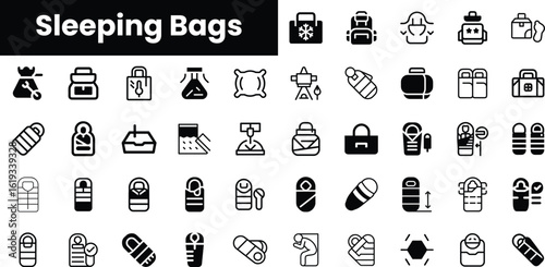 A collection of minimalist sleeping bag icons in black and white, showcasing various designs and styles for outdoor enthusiasts and camping lovers.