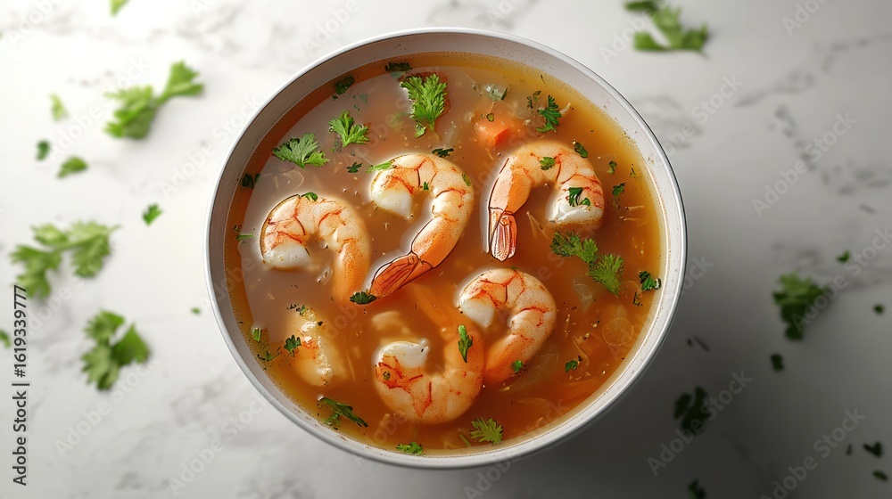 Bowl of Shrimp Soup on Marble Surface Bowl of Shrimp Soup on Marble Surface