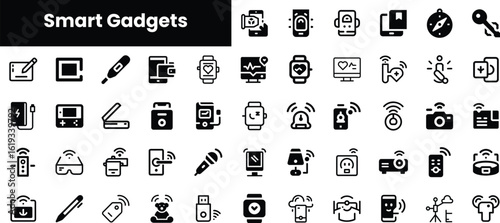 A collection of diverse smart gadget icons in a minimalist black-and-white design, showcasing various technological devices and innovations.