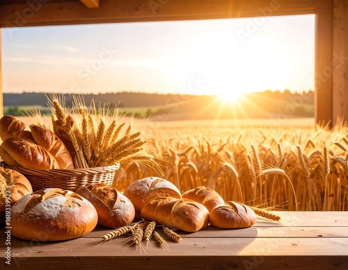 Fresh bread in a basket at sunset over a wheat field