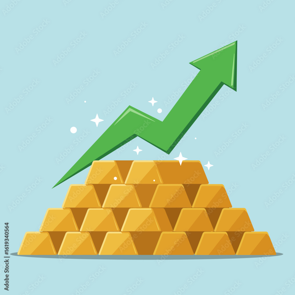 Fototapeta premium A vibrant green arrow dramatically ascends above a large pile of gleaming gold bars, symbolizing growth, success, and financial prosperity in a simple, modern illustration.