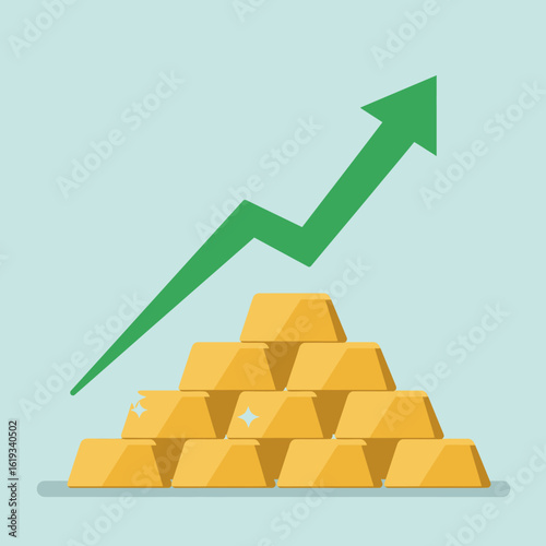 A stack of gold bars with a rising green arrow, representing financial growth, investment, and wealth accumulation against a light blue background.