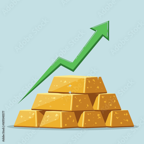 A vibrant cartoon illustration depicts a rising green arrow symbolizing increasing value over a gleaming stack of golden ingots.