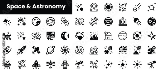 A collection of sleek, black and white space and astronomy icons featuring planets, rockets, stars, and telescopes, perfect for science and education themes.