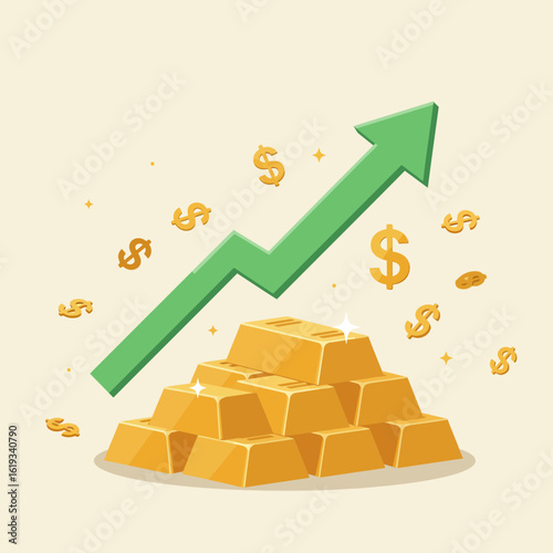 A vibrant illustration depicts a growing stack of shiny gold bars alongside a large upward-trending green arrow, symbolizing financial success and increasing investment value.