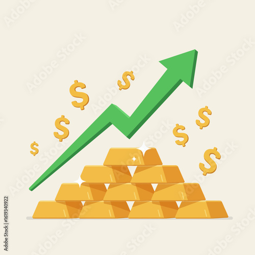 Financial success is beautifully illustrated with a prominent green arrow soaring above a gleaming pile of gold ingots and a flurry of dollar signs.