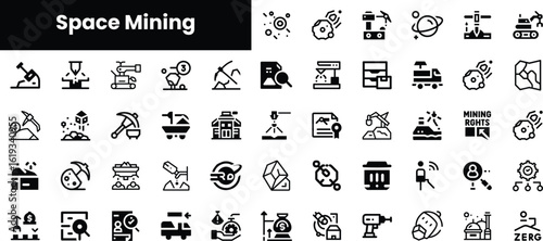 A collection of black and white icons representing various aspects of space mining, including equipment, processes, and resources, conveying innovation and exploration.