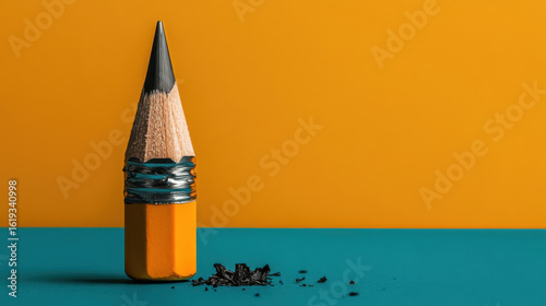 Sharpened pencil stands upright on teal surface against vibrant orange background, with pencil shavings scattered nearby, creating striking contrast