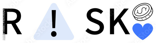 Word RISK with exclamation inside triangle, coin, blue heart. Ideal for finance, caution, decision-making, investment, emotional health, risk assessment simple landing page