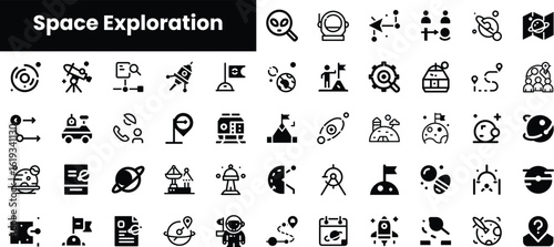 A collection of minimalistic black icons representing various aspects of space exploration, including satellites, planets, astronauts, and research activities.