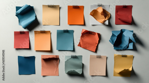 Colorful sticky notes with crumpled textures are arranged in grid on white background, creating vibrant and creative display. variety of colors and textures adds dynamic and artistic touch