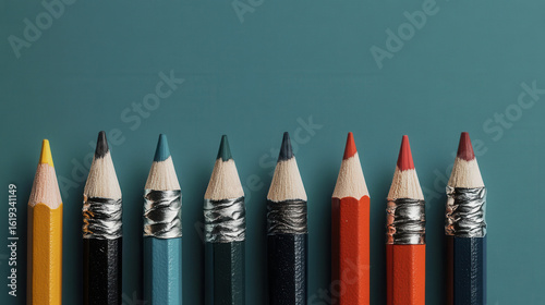 Row of colorful pencils with sharpened tips is neatly arranged against teal background, showcasing variety of vibrant hues. pencils are aligned straight line, creating visually appealing pattern