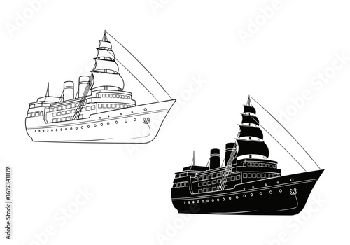 Vector art of outline and silhouette of a cruise ship isolated on white background