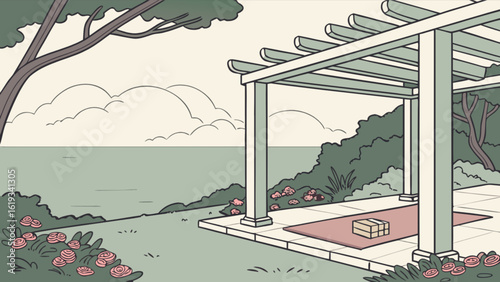 Illustration of a pergola in a garden with a view of the sea and clouds, featuring a rug and a box on the patio, creating a peaceful and relaxing outdoor scene with trees and flowers