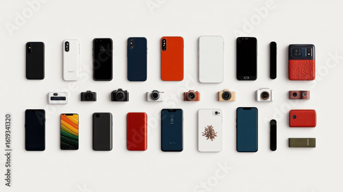 Collection of various smartphones and cameras displayed on white background, showcasing different designs and colors. arrangement highlights diversity in technology and style